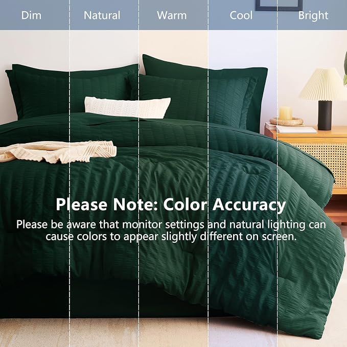 CozyLux Twin XL Comforter Set Emerald Green, 5 Pieces Seersucker Twin Extra Long Bed in a Bag, College Dorm Down Alternative Bedding Set with Comforter, Sheets, Pillowcase & Sham, Back to School Gift
