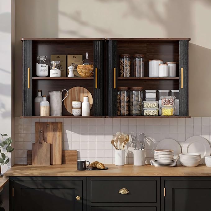 FIMELLO 59" W Laundry Room Cabinets Wall Mounted, Kitchen Wall Cabinet with Sliding Tambour Door, Floating Cabinet for Wall, Upper Cabinets, Hanging Wall Cabinets, Black Walnut