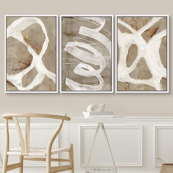 SIGNWIN Framed Canvas Print Wall Art Set White Brown Pastel Paint Strokes Shapes Abstract Illustrations Modern Art Decorative Nordic Chic Calm/Zen for Living Room, Bedroom, Office - 16"x24"x3 White