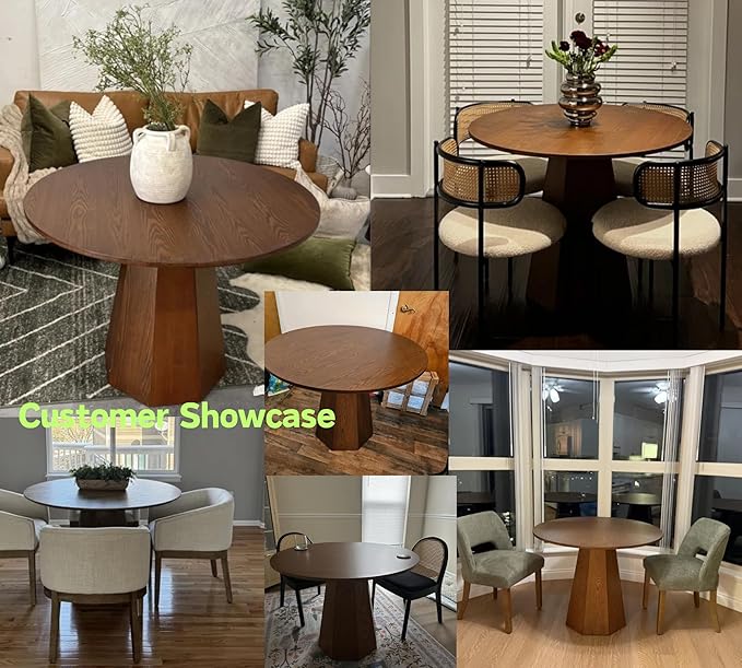 BESTANO 39” Round Solid Wood Dining Table for 4-5 People, Modern Pedestal Small Kitchen Table Circle Tabletop with Walnut Wood Grain Finish, Saving Space, Walnut