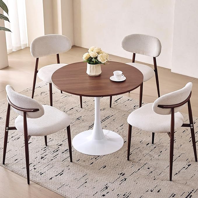 31.5" Round Dining Table for 2-4 Modern Circle Tulip Table with Metal White Tulip Pedestal Base for Kitchen Dining Living Room Apartment Small Space Cafe, Brown