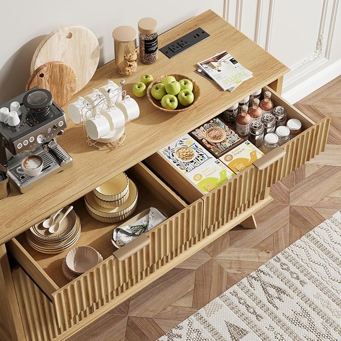 QUW Fluted Buffet Sideboard Cabinet with Storage, 47.2" Kitchen Cabinet with Drawers and Adjustable Shelves, Modern Coffee Bar with Charging Station, for Dining Room, Living Room, Natural Oak