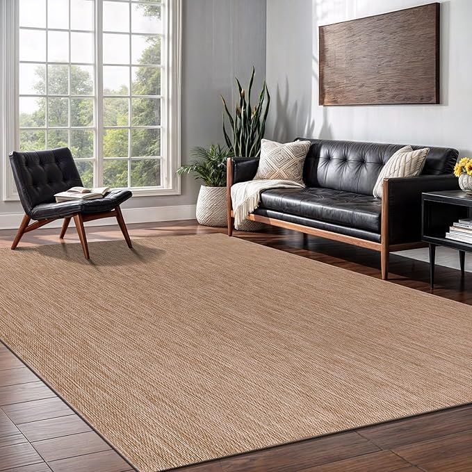 Washable Indoor Outdoor Rug 9x12 Weather Resistant Area Rugs Modern Solid Jute Rug for Porch Deck Balcony Backyard Patio Outside Carpet (9 X 12 Jute Beige)