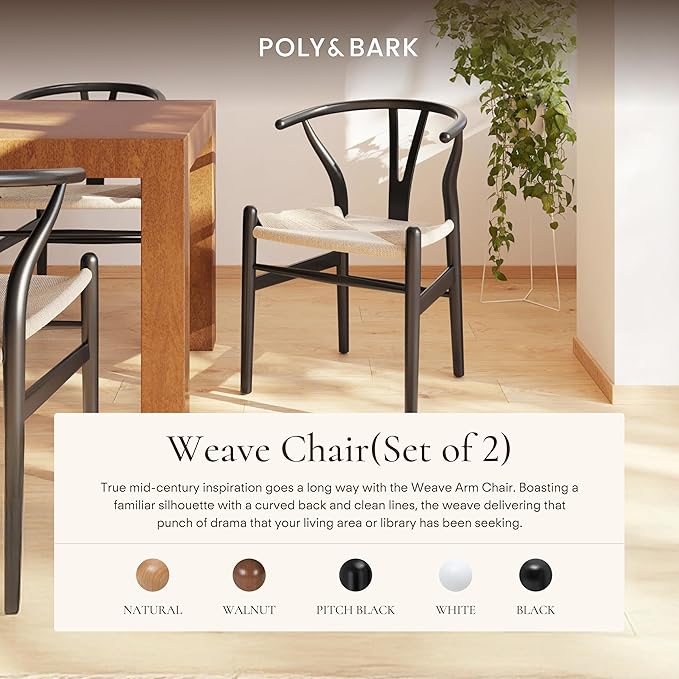 Poly & BARK Weave Dining Chairs – Mid-Century Modern Wishbone Dining Chairs with Arms, Solid Wood Frame, Indoor Use – Black – Set of 2 - Ideal for Dining Room, Kitchen or Stylish Accent Setting