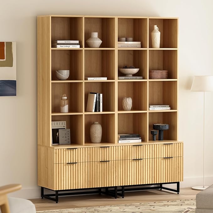 Fluted Bookshelves with Drawers Set of 2, 71" Tall Bookcases 4 Tier Display Cabinet Storage Floor Standing, Versatile Modern Large Book Shelf for Home Office Living Room (Natural Oak)