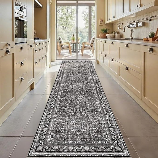 OPPODREAM Vintage Black 3x10 Runner Rug, 3 x 10 Retro Washable Rug Non Slip, Low-Pile Faux Wool Carpet, Distressed Floor Mat for Kitchen, Hallway, Entry-Way, Entrance, Indoor Back Door