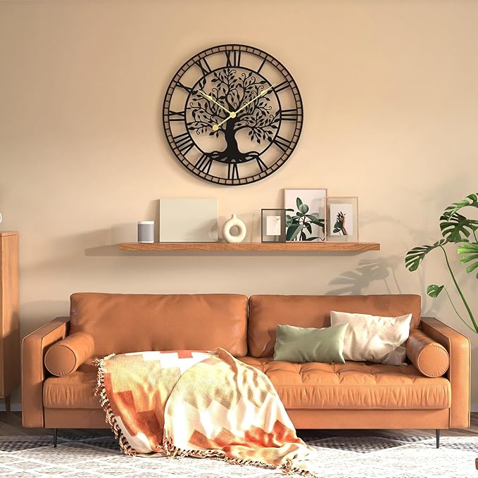 Micasso Vintage Large Wall Clock: 30Inch FarmhouseTree of Life Metal with Wood Frame - Rustic Battery Operated Wall Clocks for Office/Living Room/Bedroom/Kitchen - Home Decor for Housewife