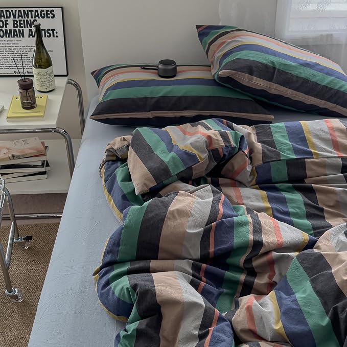 mixinni Vintage Striped Duvet Cover Queen Size 100% Washed Cotton 3 Piece Bedding Set Soft Breathable Retro Mid Century Modern Duvet Cover with Zipper Closure and Corner Ties for Boys Girls