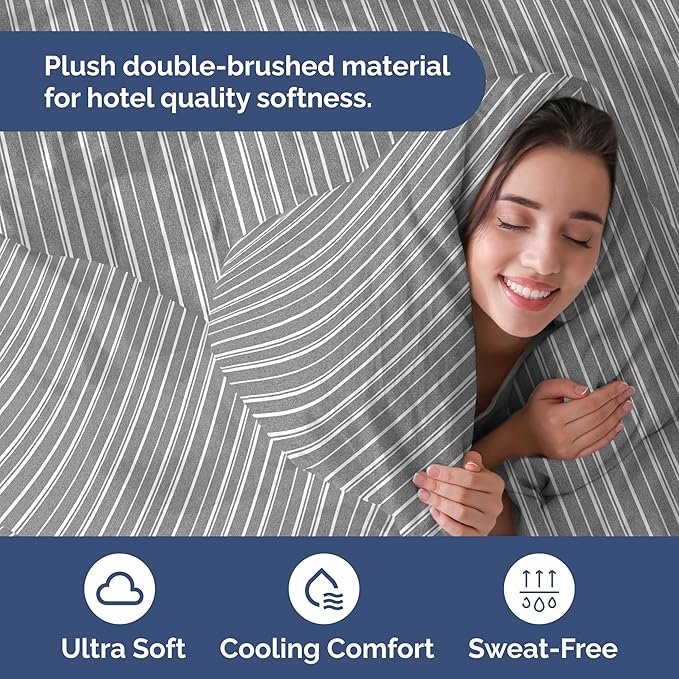 Duvet Cover Queen Size - Extra Soft Queen Size Duvet Cover - Lightweight, Breathable, Easy Care & Fade Free w/Zipper Closures & Ties - 90" x 90" Inches - (Grey Stripes 3) Comforter Not Included