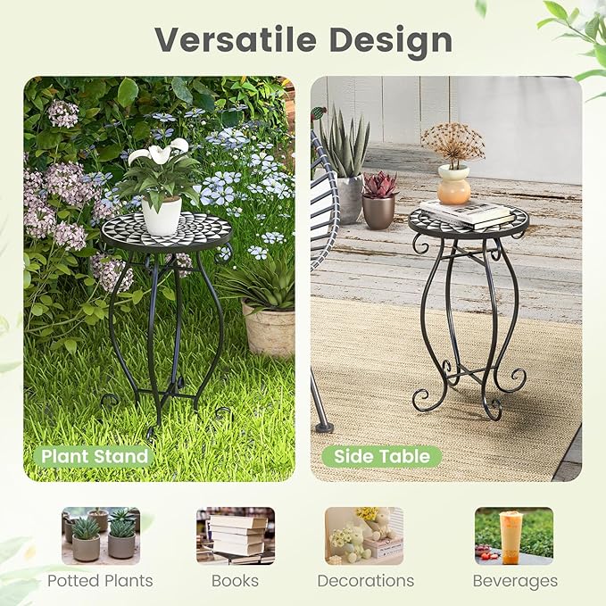 Giantex Outdoor Side Table, Mosaic Patio Table, 12 inch Accent Table Plant Stand Indoor, Ceramic Tile Top Metal Frame, Small End Table Porch Beach Patio Garden Balcony Poolside (Monochrome)