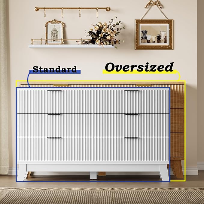 Fluted 6 Drawer Dresser, 47.2" Wide Modern Boho Chest of Drawers, Wooden Storage Dresser TV Stand for Bedroom, Living Room, Closet, Hallway, Curved Profile Design