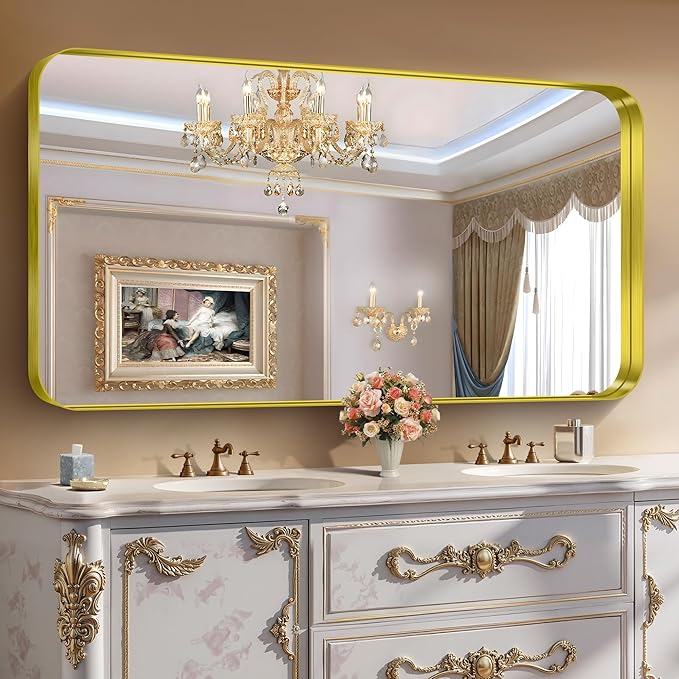 CIRCUMI Gold Bathroom Mirror, 30"x60" Rectangular Mirror with Deep Metal Frame, Rounded Corner, Tempered Glass, Large Mirror for Wall, Over 2 Sinks, Installed Vertically/Horizontally, Crystal-Clear