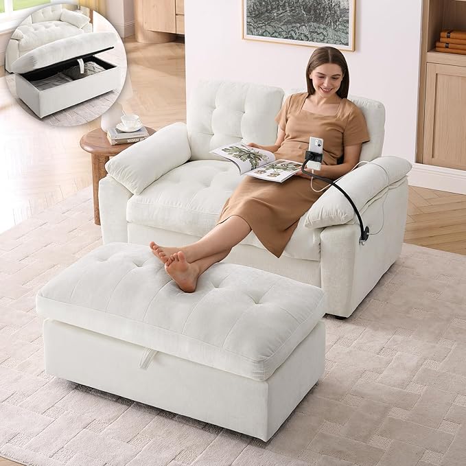 Oversized Chaise Lounge Chair Indoor, Double Convertible Recliner Reading Arm Sofa Chair W/Adjustable Backrest & Charging Port Couch Bed for Living Room, Home Theater & Bedroom, Beige
