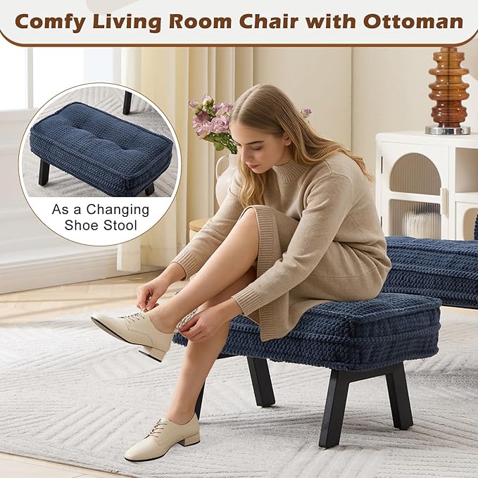 ANJ Accent Chair with Ottoman Adjustable Backrest, Blue Living Room Chair Tufted Upholstered Lounge Chair with Footrest Set, Modern Chair Cozy Reclining Chair for Reading Room Bedroom