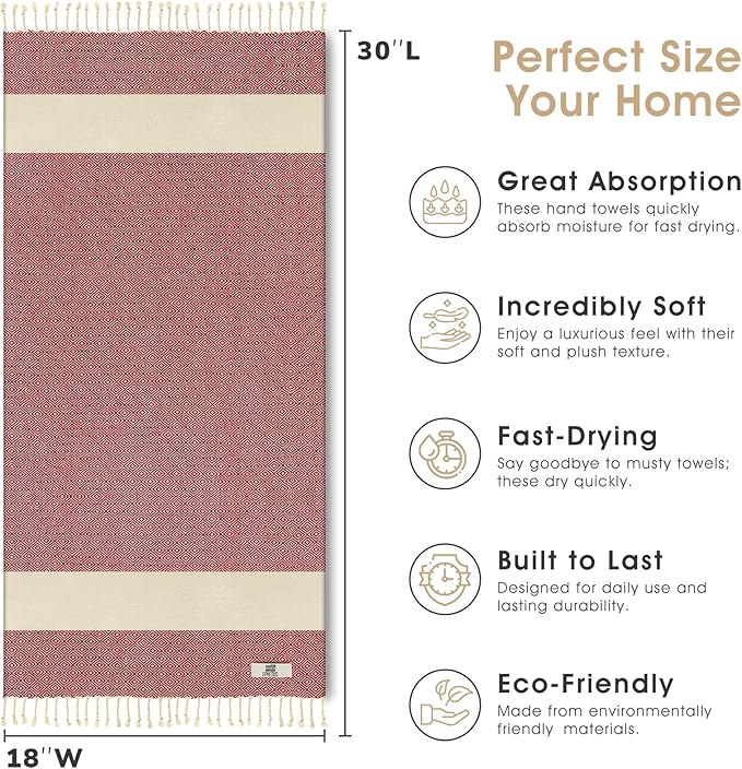 Hand Towels - Set of 2 | 18" x 30" - Decorative Turkish Hand Towel for Bathroom, Kitchen, Guest, Face, Hair, Tea, Dishcloth (Diamond, Red)