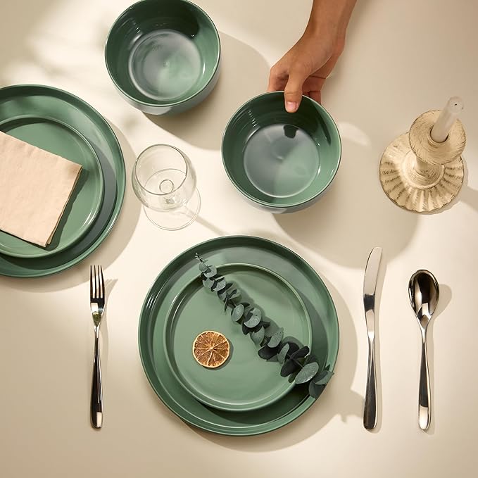 Vase and Vessel Ceramic Dinnerware Set, 12-Piece Service for 4, Round, Microwave and Dishwasher Safe, Cambridge Classics (Dusty Jade)