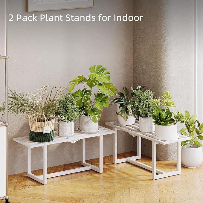 2 Pack Metal Plant Stand, Foldable Heavy Duty Indoor, Window Iron Plant Shelf - Mid Century Modern Slatted Bench for Patio, Garden, Living Room Load Bearing 330 lbs 26" L x 10.4" H x 8.6" W 1 Tier White