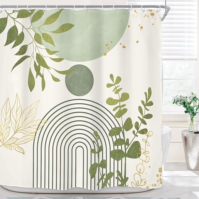 Riyidecor Light Green Mid Century Boho Shower Curtain for Bathroom Decor 72Wx72H Modern Bohemian Eucalyptus Leaves Arch Plants Gold Art Printed Fabric Polyester Waterproof 12 Pack Plastic Hooks