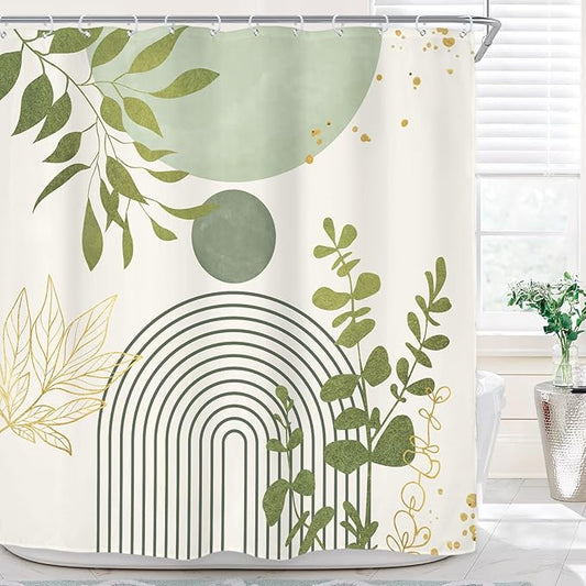 Riyidecor Light Green Mid Century Boho Shower Curtain for Bathroom Decor 72Wx72H Modern Bohemian Eucalyptus Leaves Arch Plants Gold Art Printed Fabric Polyester Waterproof 12 Pack Plastic Hooks