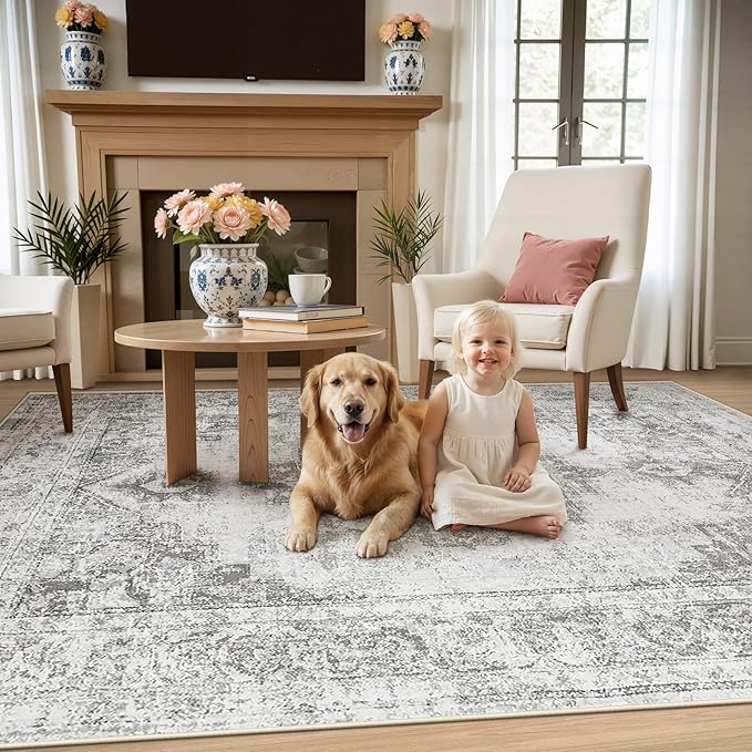 Area Rug 4x6 Vintage Rugs: Washable Indoor Medallion Rug Low Pile Distressed Floor Carpet Retro Accent Rugs for Living Room Bedroom Kitchen Dining Table Home Office(Grey, 4'x6')
