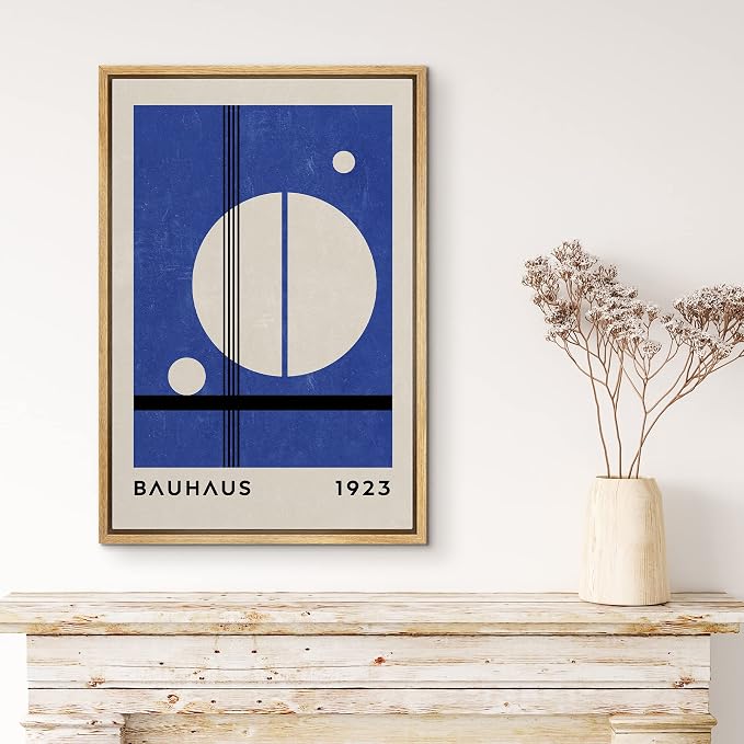 MUDECOR Framed Canvas Print Wall Art Mid-Century Bauhaus 1960s Blue White Circle Shapes Abstract Illustrations Modern Art Multicolor Relax/Calm for Living Room, Bedroom, Office - 24"x36" Natural