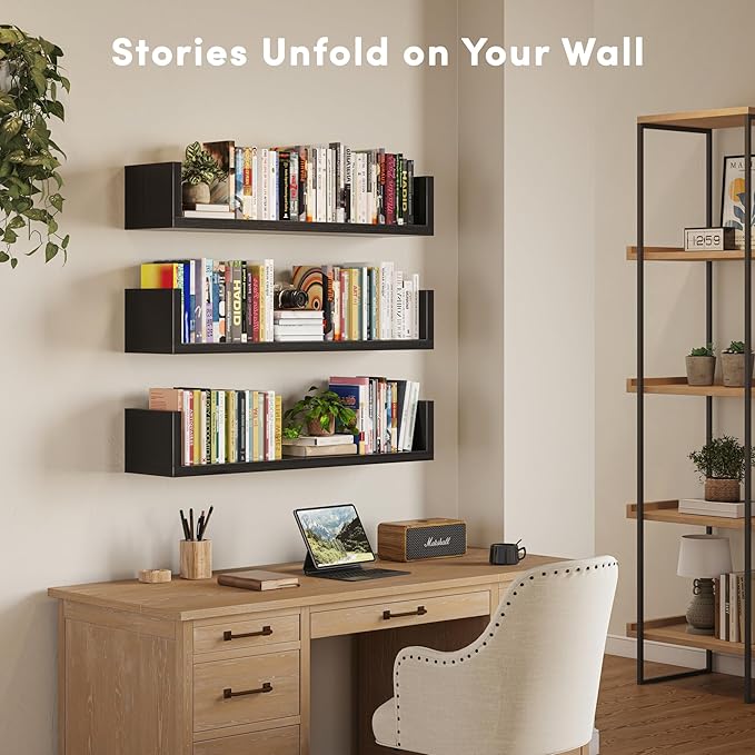 Wall Bookshelf, Set of 3, U Shaped Floating Bookshelf, Hanging Bookshelves for Wall, Wall Mounted Shelves for Living Room Bedroom Office (Black, 17 Inches, 3)
