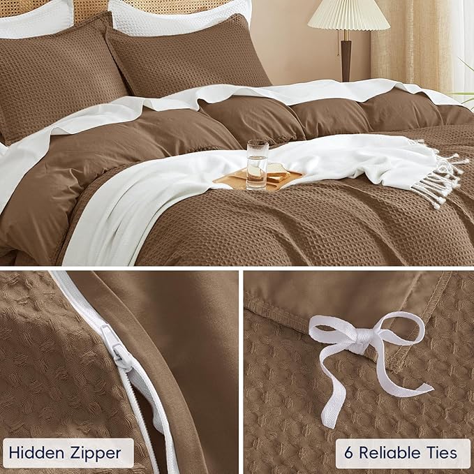 PHF Waffle Duvet Cover Set Twin/Twin XL Size, No Snagging Soft Luxury Textured Breathable Comforter Cover for All Season 2pcs, Durable Bedding Duvet Set with 1 Pillow Sham, 68"x90", Mocha
