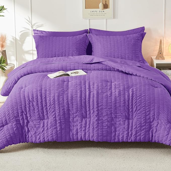HYMOKEGE Dark Purple King Size Comforter Set Seersucker 7 Pieces, All Season Luxury Bed in a Bag for Bedroom, Bedding Set with Comforter, Sheets, Pillowcases & Shams