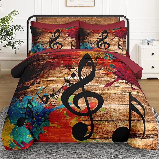 WeCozy 7 Pcs Queen Size Comforter Set with 2 Pillowcases & 2 Shams, Musical Music Disco Bedding for Kids and Adults, Black Retro Wood Grain Bedding Set with Flat Fitted Sheet