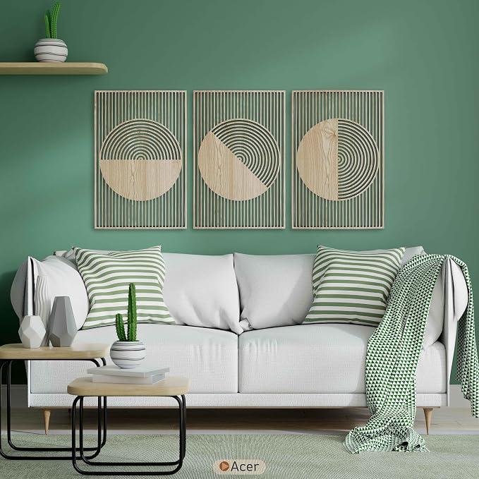 Living Room Wall Art featuring Boho Wood Wall Decor, Mid Century Modern Geometric Circle Wooden Wall Art, Set of 3 Decorative Wall Panels Gift for Bedroom