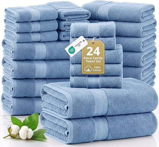 Lane Linen Bath Towel Set - 24 Pcs - Made From 100% Ring Spun Cotton - Quick Dry, Soft & Absorbent - 2 Bath Sheet, 4 Fingertip, 4 Bath, 6 Hand Towels, 8 Washcloth - Multipurpose Towels - Cerulean Blue