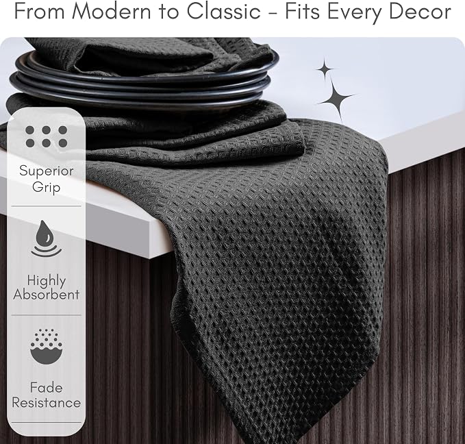 TWINY threads Dish Towel Waffle Weave, Set of 6, 16x26 Inch, Premium Large 100% Cotton Kitchen Linen Pack, Absorbent Cloths for Drying Dishes, Cookware, Quick Drying, Machine Washable, Black