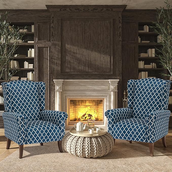 Plaid Accent Chair Set of 2, Mid-Century Modern Wingback Armchair Club Sofa Chair Living Room Chair for Bedroom, Balcony, Lounge (Blue Check)