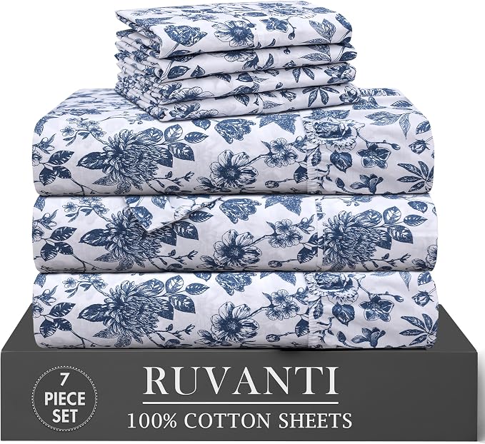 RUVANTI 7 Pcs Cotton Sheets - 100% Natural Cotton Soft, Lightweight & Breathable Crispy Percale Bed Sheets, Split King Sheets for Adjustable Bed 16" Deep Pockets, Wild Flower