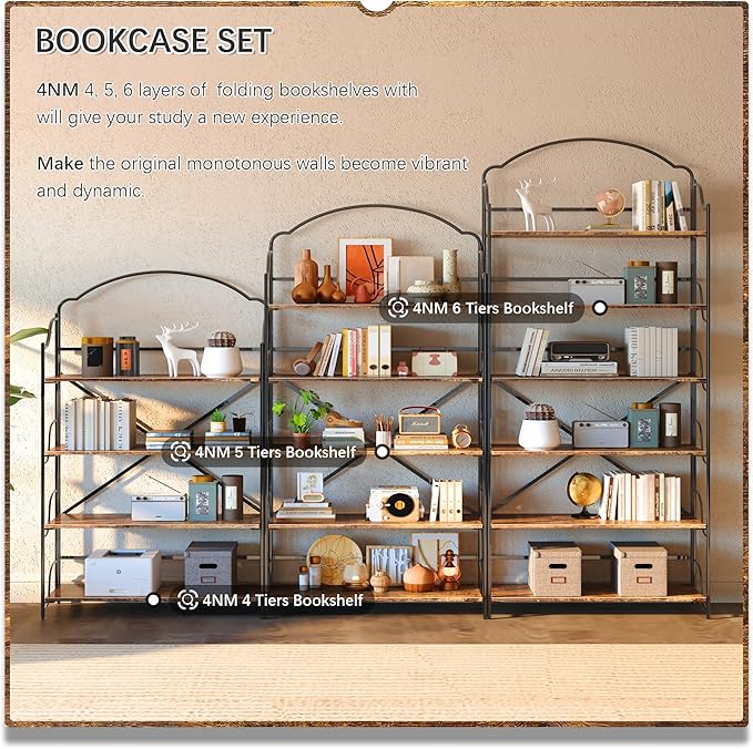 4NM No Assembly Extra Wide Folding Bookshelf for Living Room, 4 Tiers Collapsible Book Shelves Open Industrial Foldable Bookcase Storage Shelf for Home Office - Rustic Brown Black