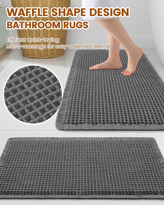 Smiry Waffle Bath Mat 47x24, Extra Soft Absorbent Bathroom Rugs, Non Slip Machine Washable Quick Dry Bath Rugs for Bathroom Floor, Tub, Shower, Home Decor Accessories, Dark Grey