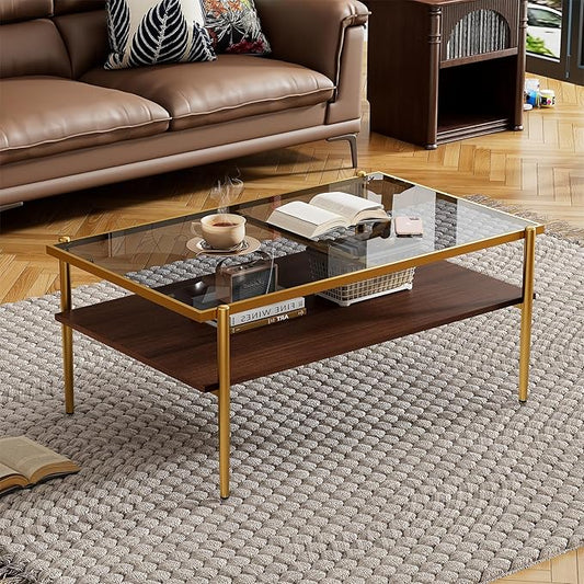 Mid Century Modern 2-Tier Coffee Table with Gray Tempered Glass Top & Wood Storage Shelf – Space-Saving Center Table for Living Room, Apartment & Small Spaces (Golden)