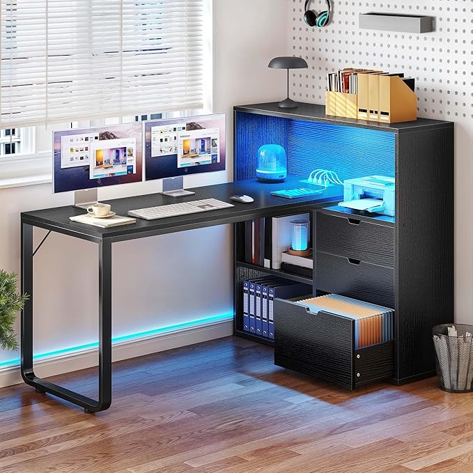 YITAHOME L Shaped Desk with Power Outlets & LED Lights & File Cabinet, 55" Corner Computer Desk with 3 Drawers & 3 Storage Shelves, Home Office Desk with Bookshelf, Black