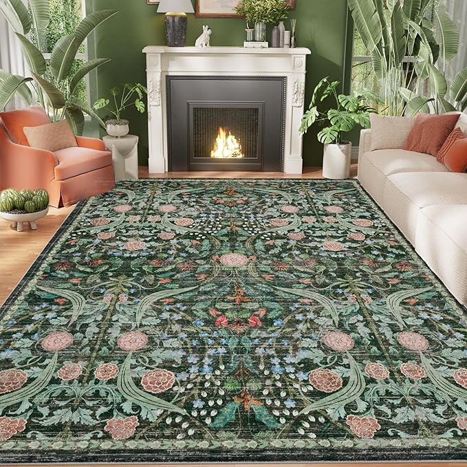 AMTOVO 8x10 Washable Area Rugs for Living Room, Non-Slip Large Soft Boho Floral Vintage Accent Print Carpet for Bedroom Dorm Dining Room Farmhouse Nursery Playroom Home Office, Dark Green