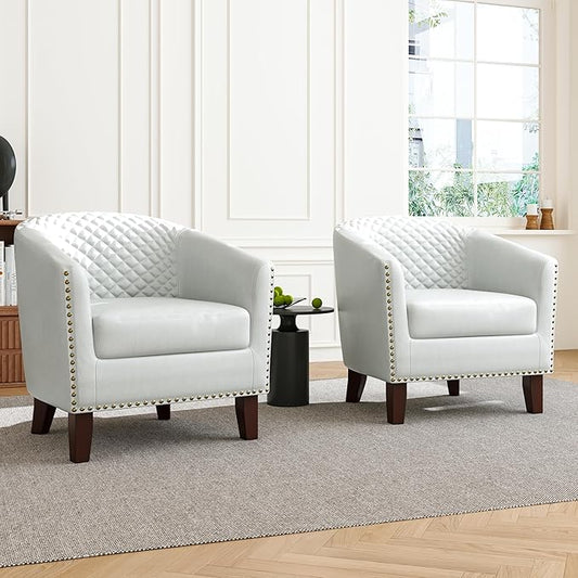 Accent Barrel Chair, Upholstered Faux Leather Club Chair with Nailed Trim, Comfy Reading Armchair for Living Room Bedroom Reception Room Office (White, Set of 2)