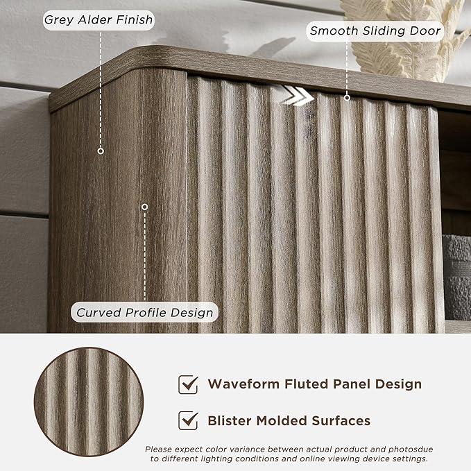 RedLemon Bathroom Wall Cabinet with Fluted Sliding Door, Modern Medicine Cabinet with Adjustable Shelf, Curved Profile Wall Mounted Storage Organizer, Grey Alder