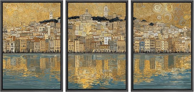 wall26 Framed Print Wall Art Set Golden Cityscape Reflection Gustav Klimt Inspired Coastal TownDecorative Minimal Relax/Zen for Living Room, Bedroom, Office - 24"x36"x3 BLACK