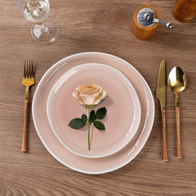 AmorArc Ceramic Dinnerware Sets,Handmade Reactive Glaze Stoneware Plates and Bowls Sets,Highly Scratch Resistant | Dishwasher & Microwave Safe Dishes Set,Service for 8 (24pc)-Pink