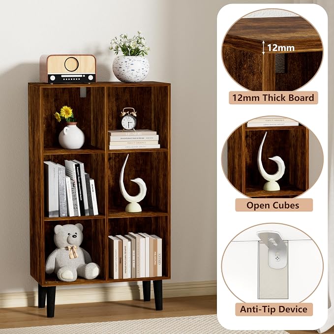 6 Cube Bookcase, Wooden Book Shelf Cube Storage Organizer with Legs, 3 Tier Bookshelf Freestanding Open Shelves for Bedroom, Living Room and Home Office (Brown, 6 Cube Vertical)