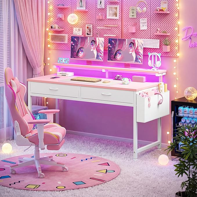 DurayLoly 47.3 Inch Office Computer Desk with LED Lights & 2 Fabric Drawers, Gaming Desk with Side Pocket & Ergonomic Monitor Stand, Small Space Study Writing Table with Anti-Tip Design,Pink