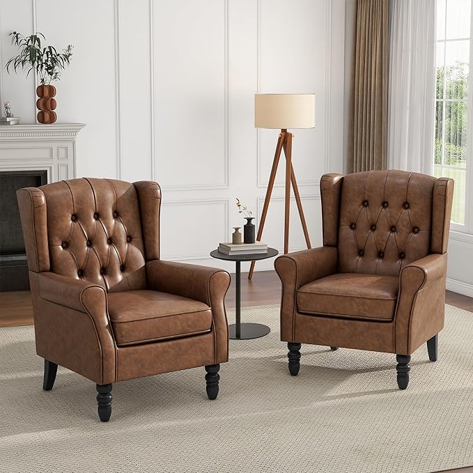 High Back Accent Chair, PU Leather Upholstered Armchair Wingback Chair for Living Room, Comfy Single Sofa Bedroom Reading Seat with Solid Wood Legs, Brown