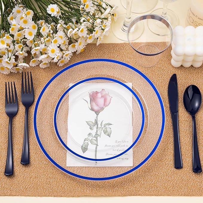 Beststar 350PCS Blue and Clear Plastic Dinnerware Sets for 50 Guests, Include 100 Blue Disposable Plates, 100 Forks, 50 Knives, 50 Spoons, 50 Cups,christmas party supplies