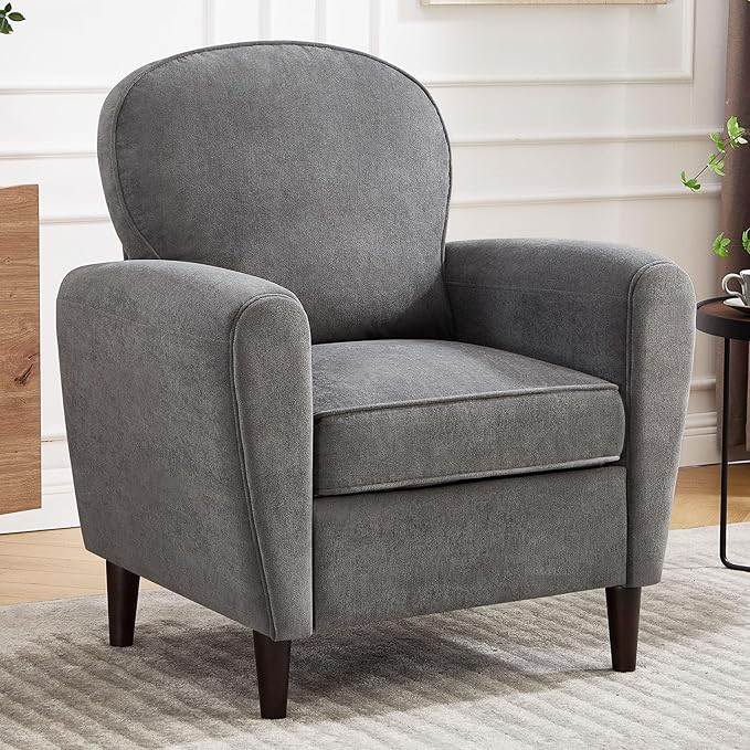 Accent Chair, Mid Century Modern Arm Chair with Thick Cushion and Back, Comfy Upholstered Reading Chair Single Sofa Chair for Living Room, Bedroom, Club, Dark Grey