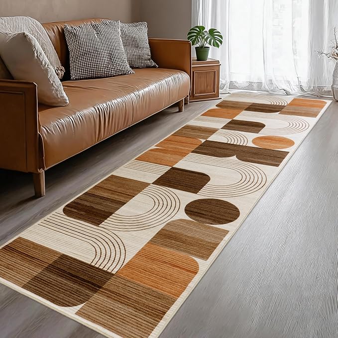 Machine Washable 2.7x8 Runner Rug, Soft Modern Geometric Abstract Orange Rugs for Bedroom Living Room, Non-Shedding Faux Wool Indoor Throw Floor Carpet for Office Entryway Dining Room Decor