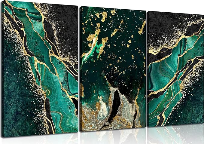 WSTUKVV 3Pcs Green and Gold Wall Art Abstrct Gold Foil Lines Posters Pictures Marble Texture Canvas Prints Dark Green Paintings for Nordic Living Room Bedroom Office Home Wall Decor Ready to Hang